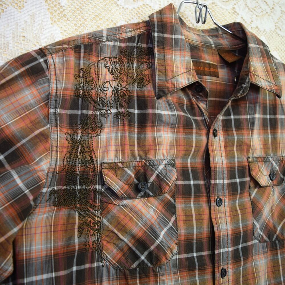 Michael Brandon Embroidered Y2K Plaid Pearl Snap Mens Large Cotton Shirt Western